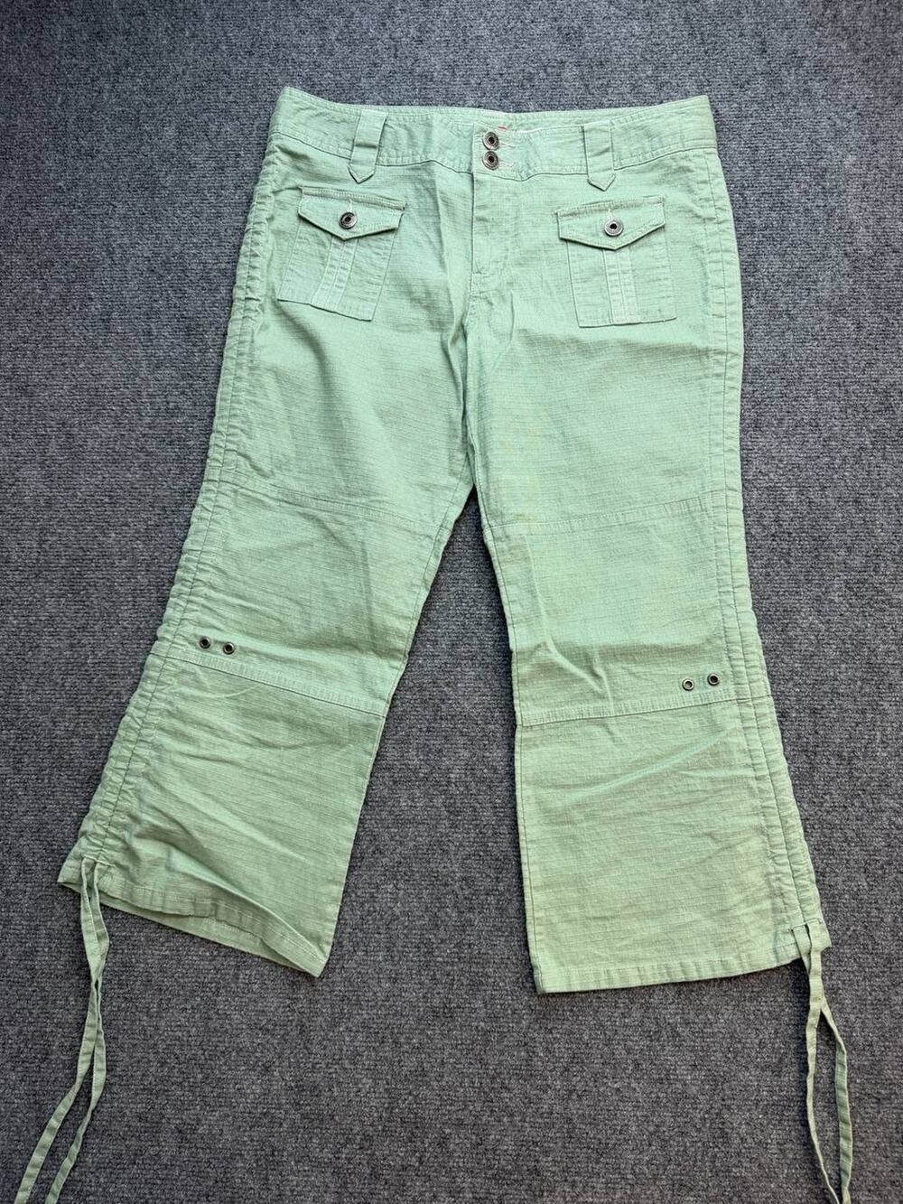 Y2K Outlooks Womens Juniors 9 Green Cargo Capri Pants Ramie Cotton Drawstring